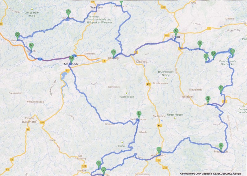 Der geplanteTourverlauf für die Saisoneröffnung, ca. 200Km 4 Stunden Fahrt ohne Pause